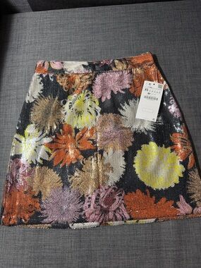 Zara Black Sequin Floral Mini Skirt with Orange, Pink & Yellow Flowers